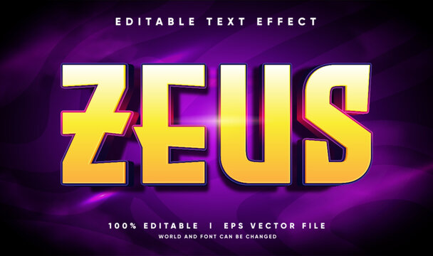 Editable zeus 3d text effect template with bold yellow gradient font and powerful glowing purple thunder background
