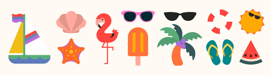 Colorful summer-themed vector icons: sailboat, flamingo, palm, and more. © Rawpixel.com