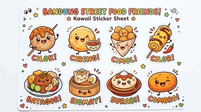 Kawaii sticker sheet featuring cute cartoon illustrations of traditional Indonesian street food from Bandung.
