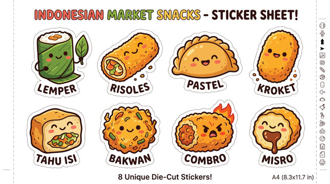Cute cartoon sticker sheet featuring traditional Indonesian market snacks and street food items.