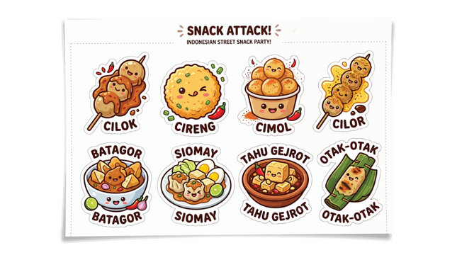 Set of cute cartoon stickers featuring various traditional Indonesian street food snacks.