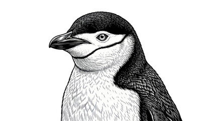 Chinstrap penguin head portrait in detailed engraving style © Hilda