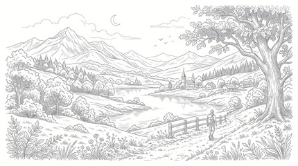 Obraz premium Lone traveler walking toward a mountain village by a serene lake