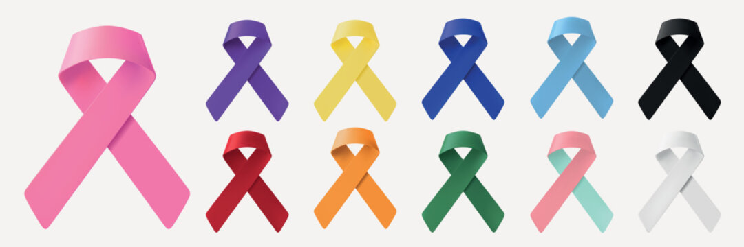 Vector set of colorful awareness ribbons in various colors on a white background.