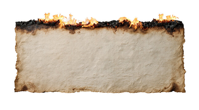 Burnt paper strip with flames and charred edges on transparent
