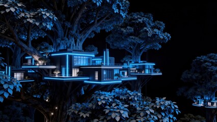 Fototapeta premium Modern treehouse with blue lighting