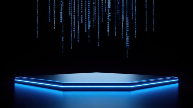 Digital code falling on glowing platform