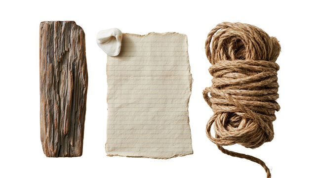 Set of natural twine, burlap cloth and wooden log slice on transparent