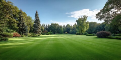 Obraz premium Lush green manicured lawn with sunlit trees and blue sky in expansive park or garden
