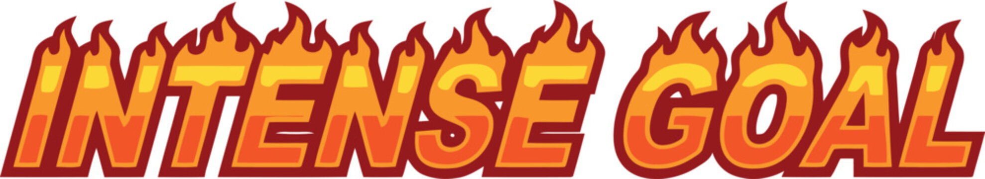 Intense Goal flaming text effect vector, burning fire typography for sports and gaming, orange and yellow heat lettering on white background