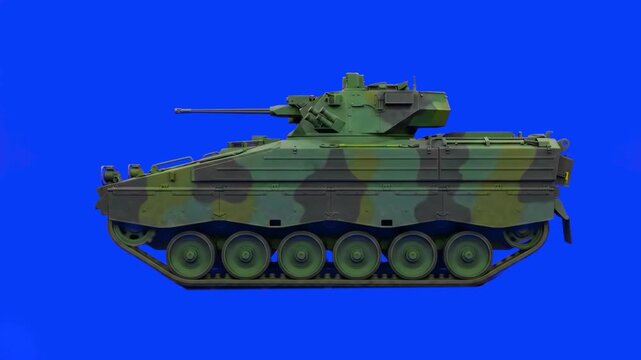 A precise 3D animation of an M2 Bradley armored vehicle featuring a woodland camouflage pattern, driving from side profile. Placed on a solid blue screen backdrop for professional keying and seamless 