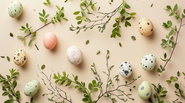 Pastel Speckled Easter Egg Arrangement with Fresh Green Herb Sprigs on Beige Background