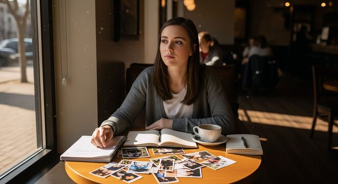 Graduate reflecting on academic memories in a cozy coffee shop while looking ahead to future opportunities.