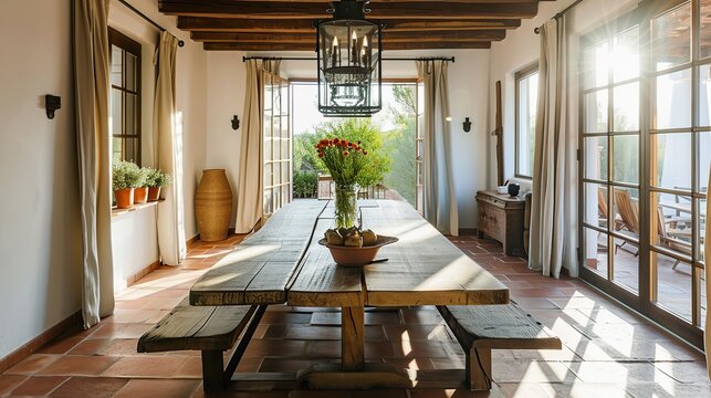 Rustic sunlit veranda dining space with long wooden table and lush potted centerpiece