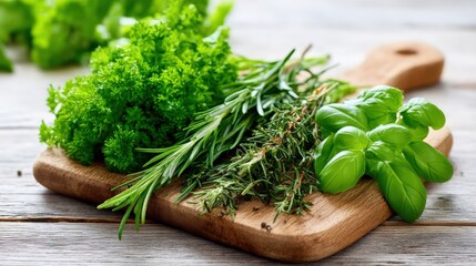 Obraz premium Fresh Culinary Herbs Bundle on Wooden Cutting Board, Ready for Cooking and Food Preparation