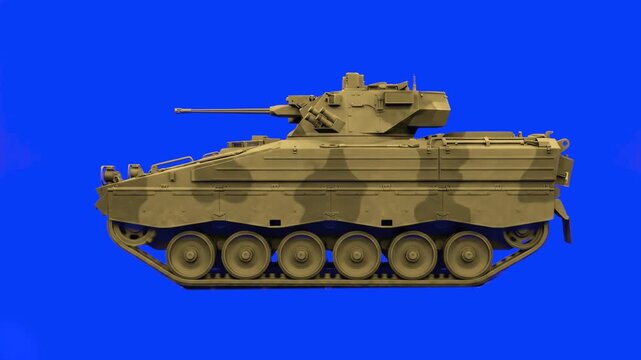 A side view 3D animation of an M2 Bradley infantry fighting vehicle finished in desert camouflage tones driving continuously. The asset stands against a vibrant blue backdrop, serving as a ready-to-us