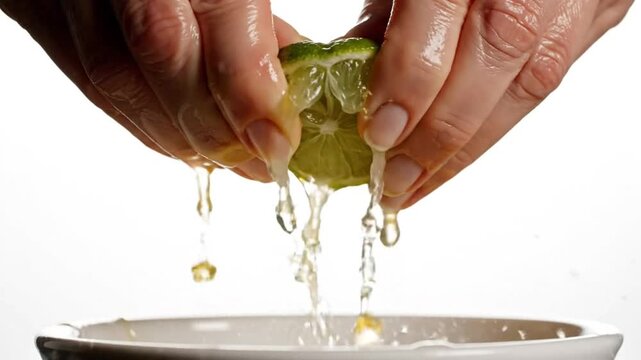 A person squeezing a lime over a white bowl in a kitchen setting for a cooking video
