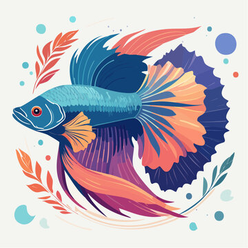 Vibrant Betta Fish Illustration with Flowing Fins and Aquatic Plants