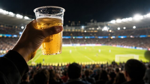 Spectator enjoys a cold beer in a plastic cup while watching a live soccer match in a packed stadium at night.