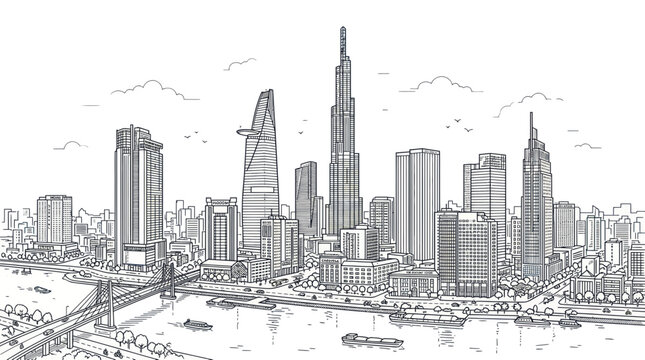 City skyline of ho chi minh city with river and bridge
