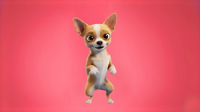A realistic 3D animated small chihuahua dog standing on its hind legs and performing a cute, rhythmic dance against a solid coral pink studio backdrop. Ideal for social media memes, pet food commercia