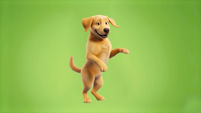 A happy 3D animated golden retriever dog dancing dynamically on its hind legs. Set against a solid green backdrop, this asset is optimized for easy keying, compositing, and pet-related marketing conte