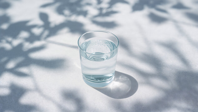 夏の白い布の上で透明な水入りグラスが涼しげに光る写真