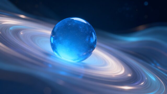 Blue glowing sphere in swirling space