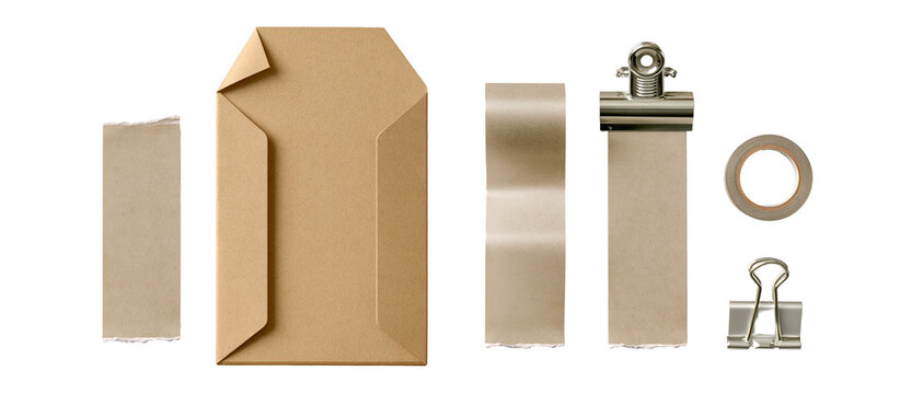 Craft paper packages and stationery supplies assortment on