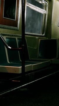 The scene shows empty seats in a subway car. The lighting is dim, and the interior of the train looks worn. The atmosphere suggests it is late at night with few passengers.
