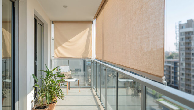 マンションのベランダに日よけシェードを広げた夏の住まい