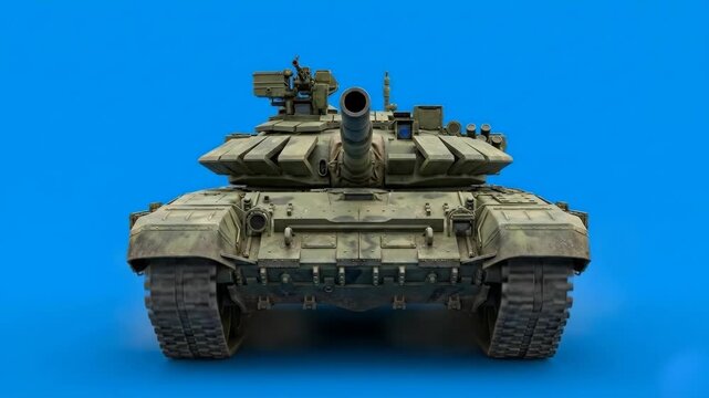 A detailed 3D render of a Russian T-90 main battle tank, complete with advanced explosive reactive armor and powerful cannon, captured moving directly forward against a plain blue screen background. T
