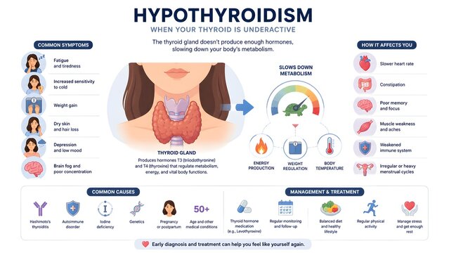 Infographic detailing hypothyroidism, its common symptoms, causes, and treatment options, explaining when the thyroid gland is underactive.