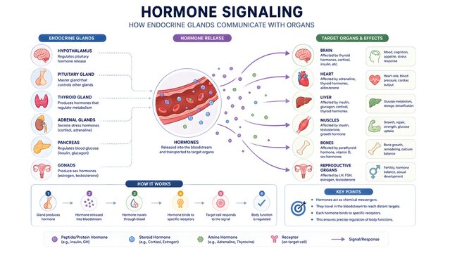 Detailed infographic illustrating hormone signaling, showing endocrine glands, hormone transport via blood, and their effects on various target organs and bodily functions.