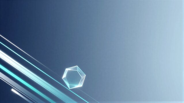 A glowing hexagonal prism emits light rays against a soft blue