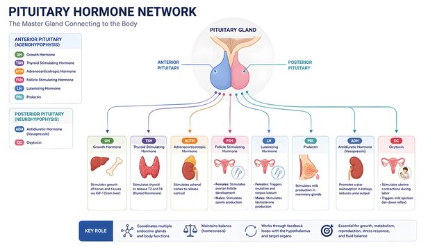 Detailed diagram illustrating the pituitary hormone network and its connections to various target organs in the human body.