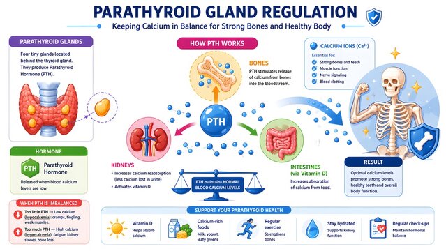 Infographic illustrating parathyroid gland regulation, explaining how PTH maintains calcium balance for strong bones and overall body health.