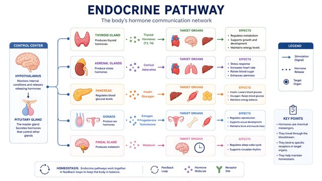 Detailed infographic illustrating the human endocrine pathway, showing glands, hormones, target organs, and their physiological effects.