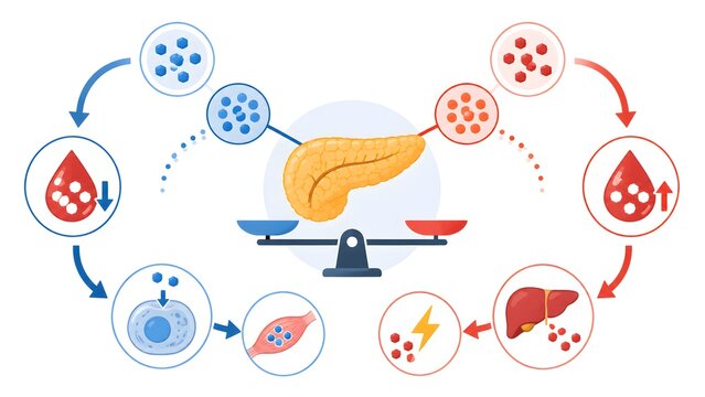 Detailed illustration of blood sugar regulation by the pancreas, demonstrating the roles of insulin and glucagon in maintaining metabolic balance.