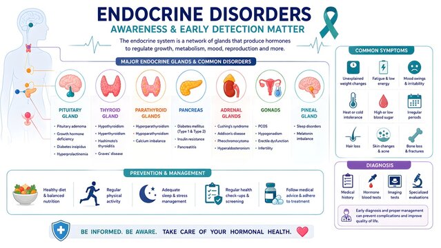 Infographic detailing endocrine disorders, their common symptoms, major glands, and strategies for prevention and management.