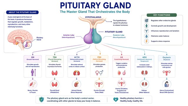 Detailed infographic illustrating the pituitary gland, its anatomical location, hormonal secretions, and the diverse functions it orchestrates throughout the human body.