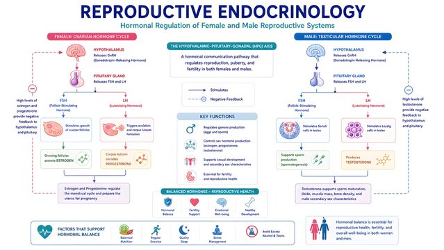 Infographic illustrating the hormonal regulation of female and male reproductive systems, detailing key functions, common issues, and influencing factors in reproductive endocrinology.