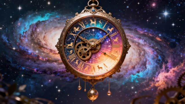 Ornate clock with zodiac symbols against galaxy backdrop