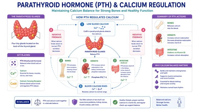 Infographic detailing parathyroid hormone (PTH) and calcium regulation, illustrating how PTH maintains calcium balance for strong bones and healthy bodily functions.