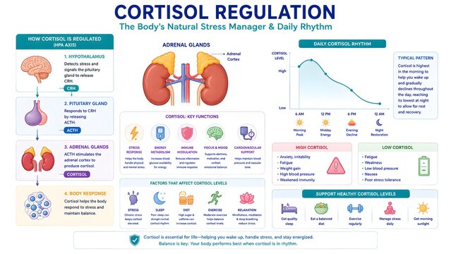 Infographic explaining cortisol regulation, its daily rhythm, key functions, factors affecting levels, and symptoms of high/low cortisol with healthy tips.