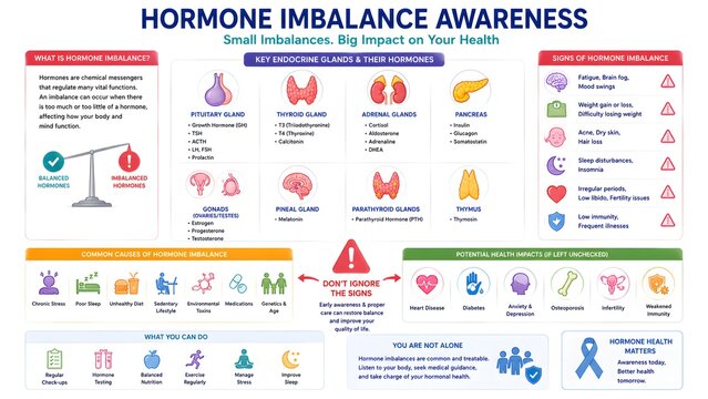 Comprehensive infographic on hormone imbalance awareness, detailing various glands, their hormones, common symptoms, and health implications for overall well-being.