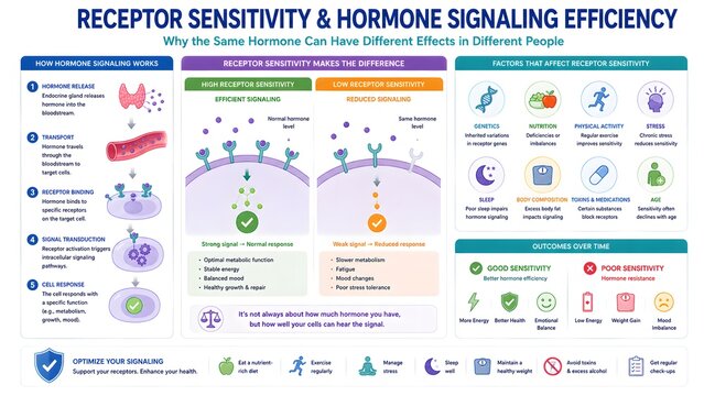 Infographic explaining receptor sensitivity and hormone signaling efficiency, detailing how hormones work and factors influencing their effects in the body.