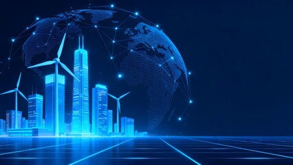 Fototapeta premium Futuristic city with wind turbines and globe