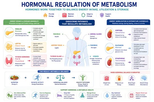 Detailed infographic on hormonal regulation of metabolism, showing how endocrine glands and hormones balance energy intake, utilization, and storage for metabolic health.