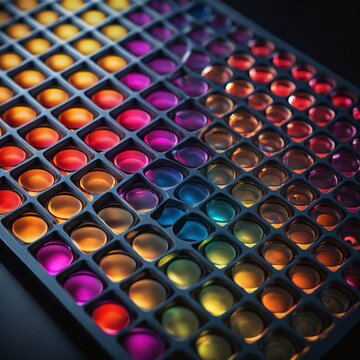 96-well microplate with colored wells top-down, assay